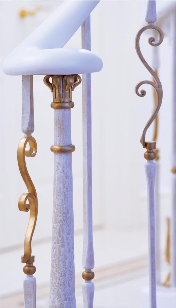 Steel constructions stairs, marble, forged metal, details coates with gold, wood armrest.